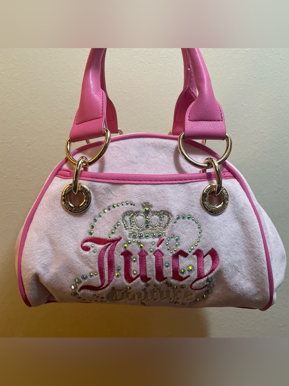 Juicy Couture Pink Velour Logo Satchel with Crystal Accents
